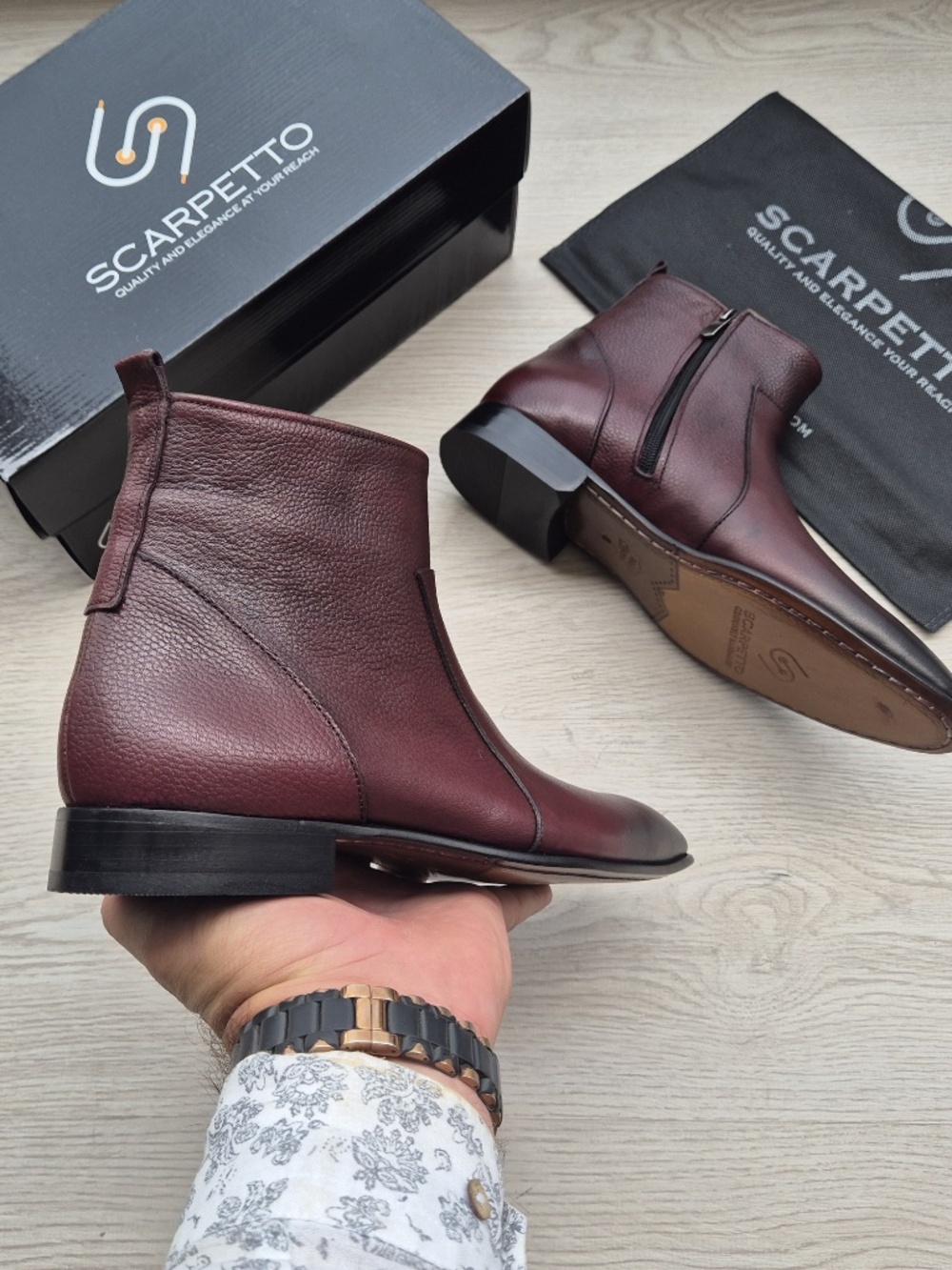 Burgundy Leather Chelsea Boots: Pebbled Grain, Pointed Toe, Slip-On Style - Picture 4 of 5